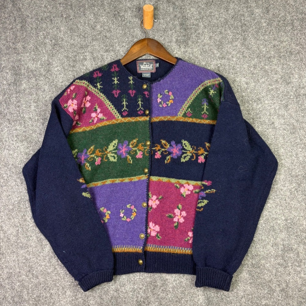 Woolrich Cardigan Sweater Womens Medium Navy Floral Patchwork Wool Blend Vintage